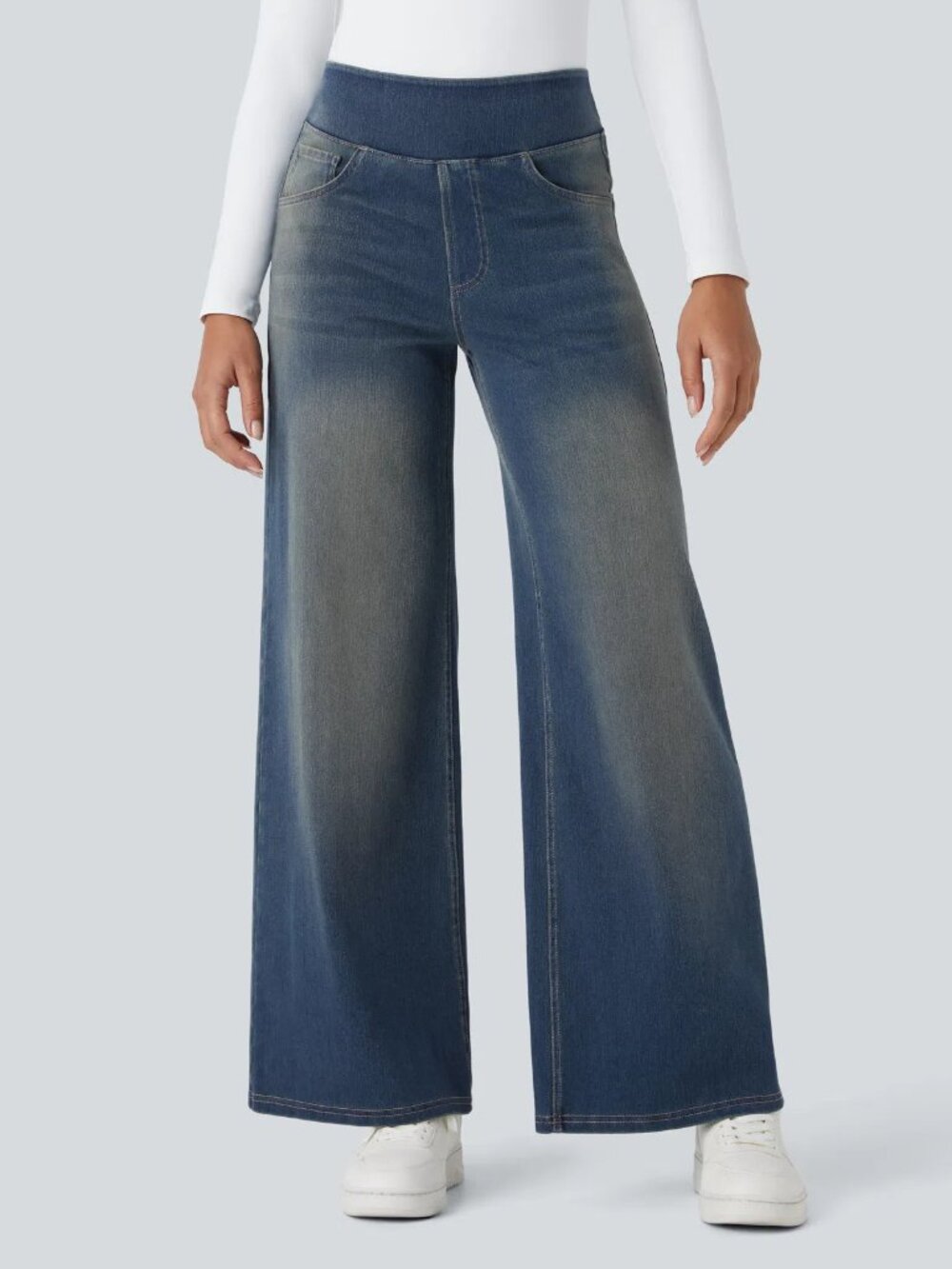 Halara Flex High Waisted Pockets Baggy Wide Leg Washed Casual Jeans - Medium